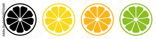 Citrus slice vector set isolated. Lemon, orange, lime and grapefruit slice. Slice fruit citrus collection. Colored and black design. Flat style. Vector illustration.