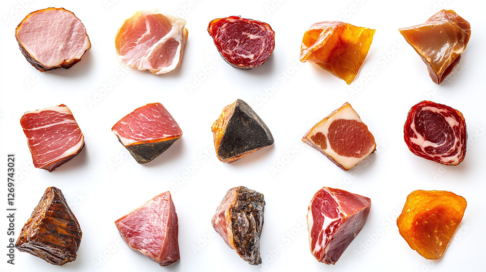 Collection of various boiled ham slices isolated on a white background, perfect for culinary projects, food advertisements, and packaging designs. Collection of various boiled ham slices isolated on a white background, perfect for culinary projects, food advertisements, and packaging designs.