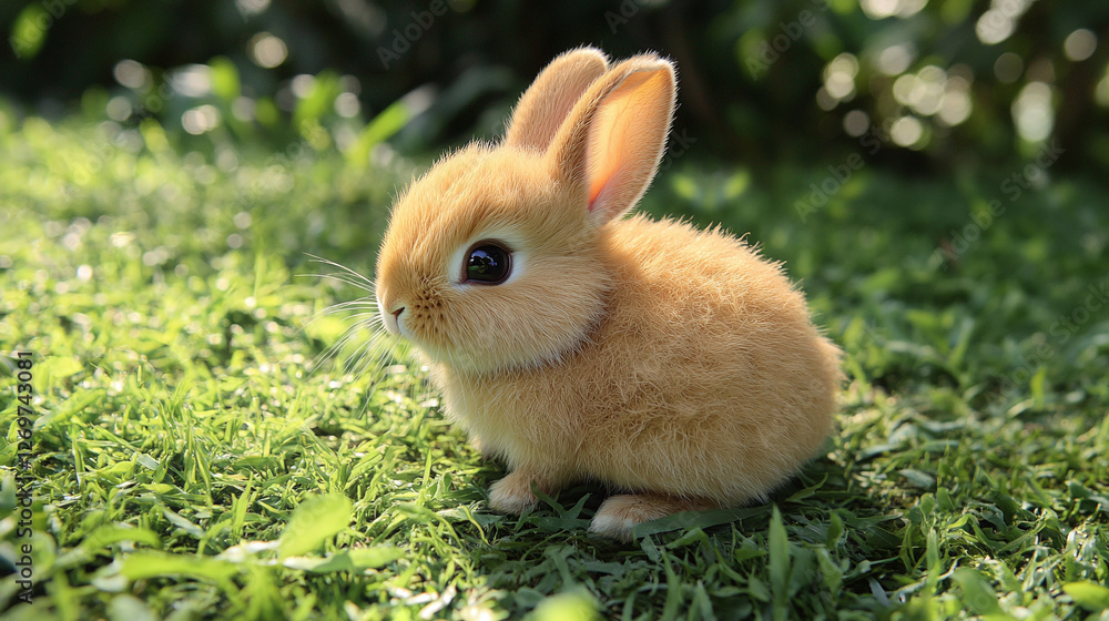 Fototapeta premium Cute brown rabbit sitting on a green field with natural sunlight.