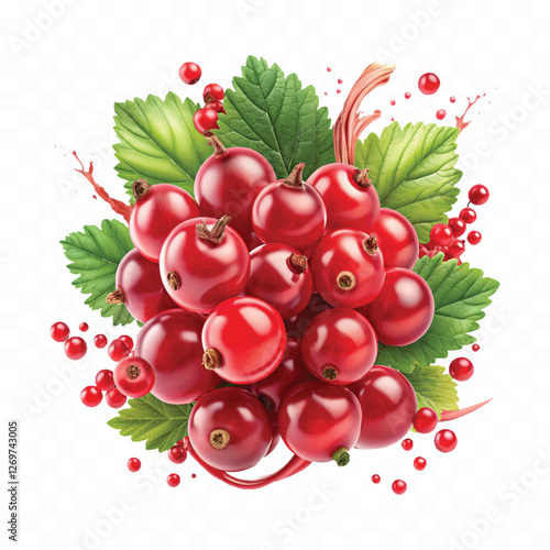 Realistic Detailed 3d Red Currant Berries with Splash Juice isolated on white background.