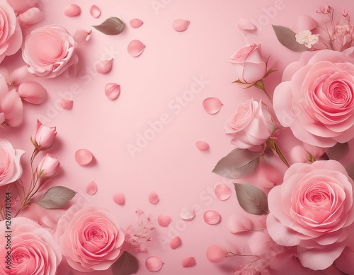 feminine floral backdrop with pink rose flowers and petals on soft pink background ideal for springtime text overlay design
