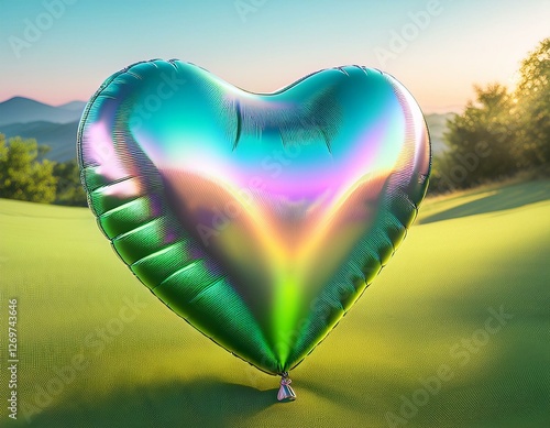 iridescent love plastic inflatable green heart with pastel holographic shine