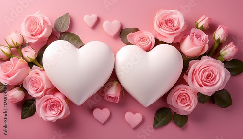 a pink background with two white hearts and pink roses