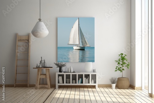 Sailboat Serenity: A stunning piece of artwork depicting a lone sailboat gliding across calm, azure waters under a clear sky, adding a touch of nautical elegance to any modern living space.  photo