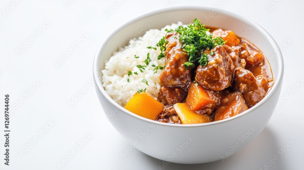 A bowl of Japanese curry rice with chicken and vegetables, placed on a clean white surface, perfect for adding a caption or ad text. A bowl of Japanese curry rice with chicken and vegetables, placed on a clean white surface, perfect for adding a caption or ad text.