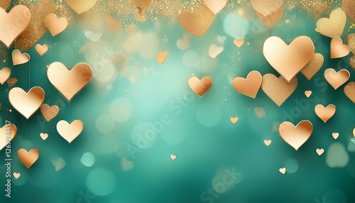 pastel turquoise background with blurred golden hearts elegant party banner design
