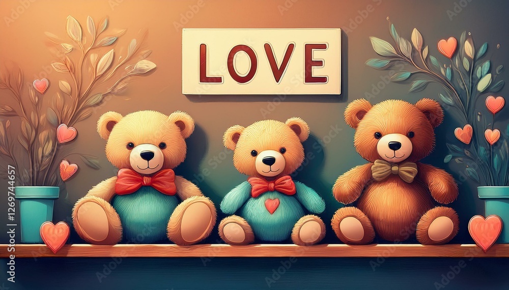 Fototapeta premium three teddy bears sitting on a shelf with a sign that says love above them