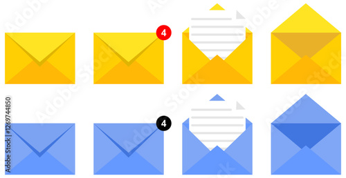 Set of envelopes icons with a picture of a closed letter. Paper document enclosed in an envelope. Vector illustration.