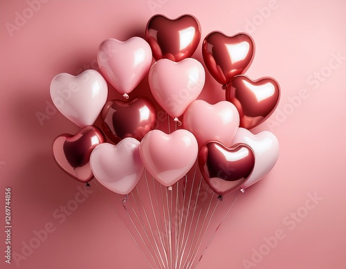 a bunch of balloons with hearts on them are floating in the air above a pink wal