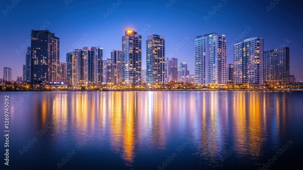Fototapeta premium Illuminated Cityscape Reflections: A Stunning Urban Night Scene