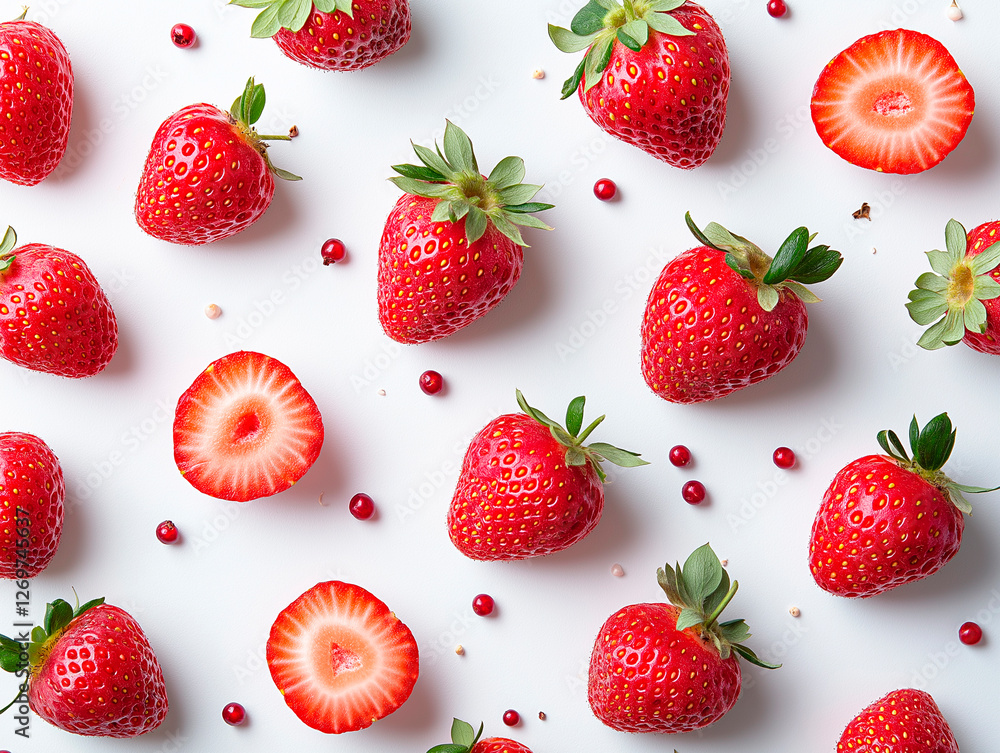 A close-up shot of a group of fresh strawberries, arranged in a pattern on a white background, showcasing the vibrant red color and juicy texture of the fruit.
A close-up shot of a group of fresh strawberries, arranged in a pattern on a white background, showcasing the vibrant red color and juicy texture of the fruit.
