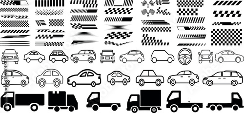 automotive racing stripes vector car silhouette set, truck icons, checkered flag decals, speed graphics, vehicle outlines, transport illustrations, racing design elements, transport symbols