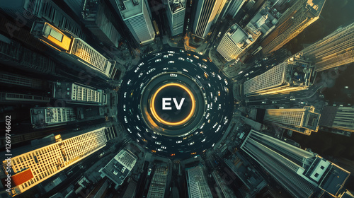 Top-down view of a cityscape where only EVs are driving on roads, powered by solar and wind energy, futuristic urban design, clean environment, cinematic shot photo