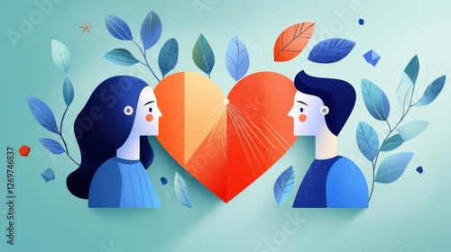 Stylized illustration of love and connection between diverse characters and nature. photo