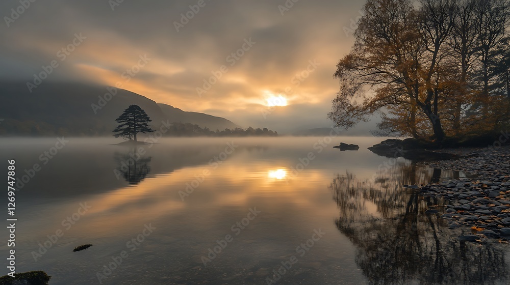 Serene sunrise over calm lake with mist, reflecting trees and sun. Serene sunrise over calm lake with mist, reflecting trees and sun.