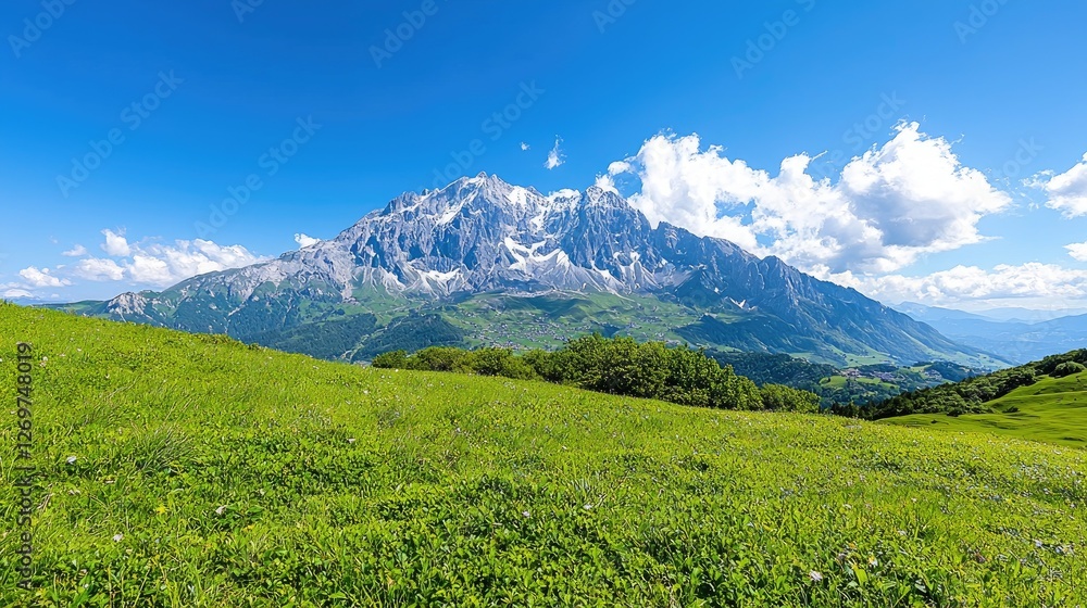 Fototapeta premium Majestic rocky mountain peak rises above a lush green alpine meadow under a bright blue sky with white clouds.