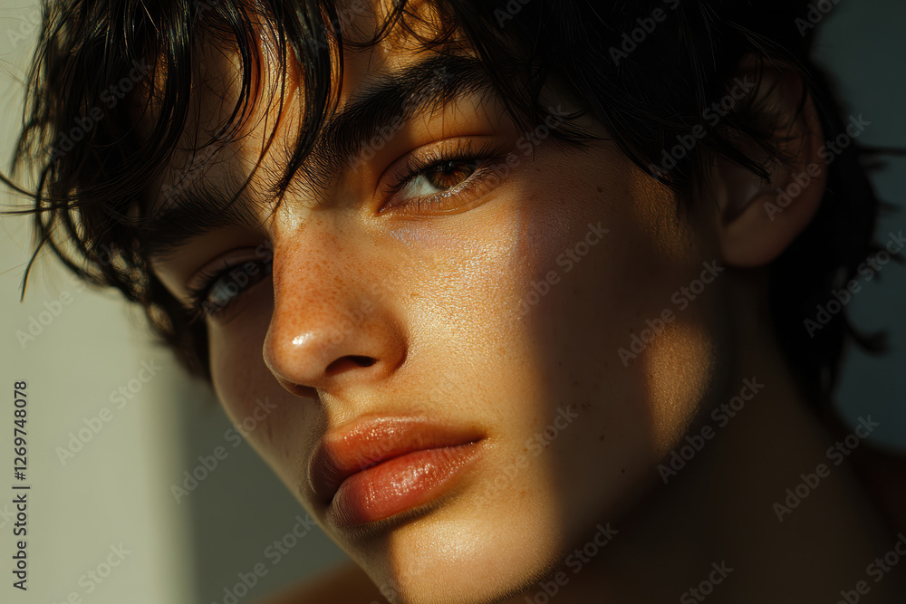 Close-up of a person with textured skin and expressive eyes capturing soft natural light pouring through a window at dusk Close-up of a person with textured skin and expressive eyes capturing soft natural light pouring through a window at dusk