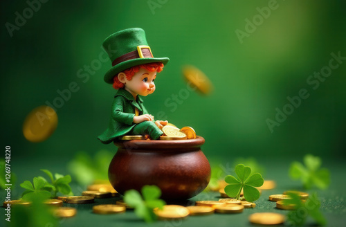 Cartoon leprechaun in green hat sits on pot with golden coins. Cartoon doll with red hair, clover and coins around, green background, St.Patrick Day, symbol of luck