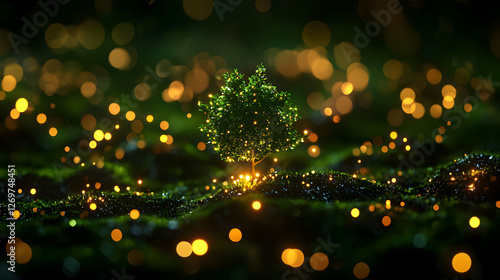 Abstract Tree of Light with Sparkling Bokeh on Green Wavy Terrain