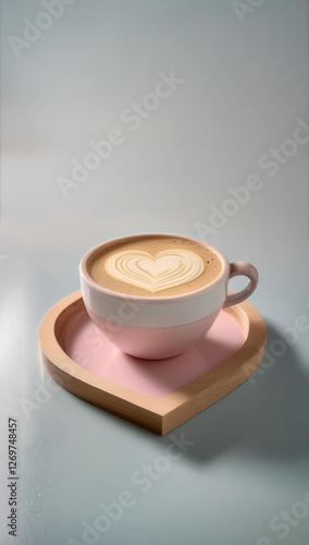 Espresso coffee with heart latte art cream on a heart shaped wooden tray, pastel colors.