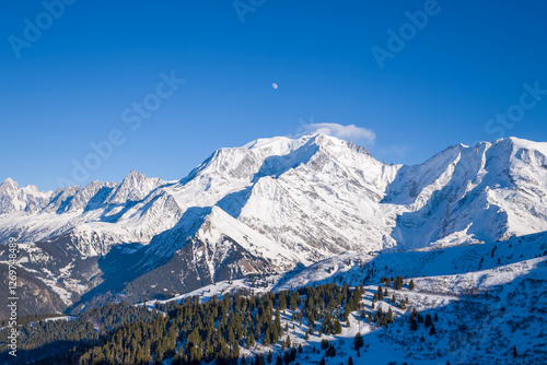 The Mont Blanc massif in Europe, France, Auvergne Rhone Alpes, Haute Savoie, Chamonix, in summer, on a sunny day.