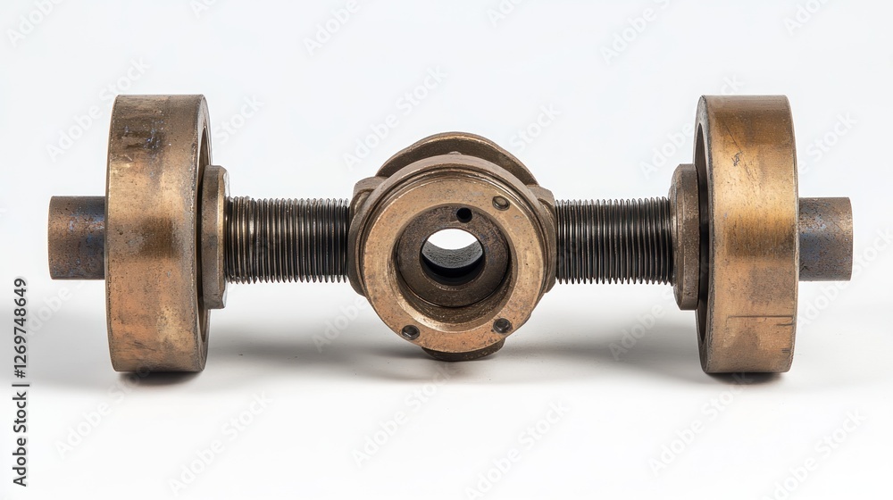 Fototapeta premium Bronze industrial component with dual wheels and central shaft