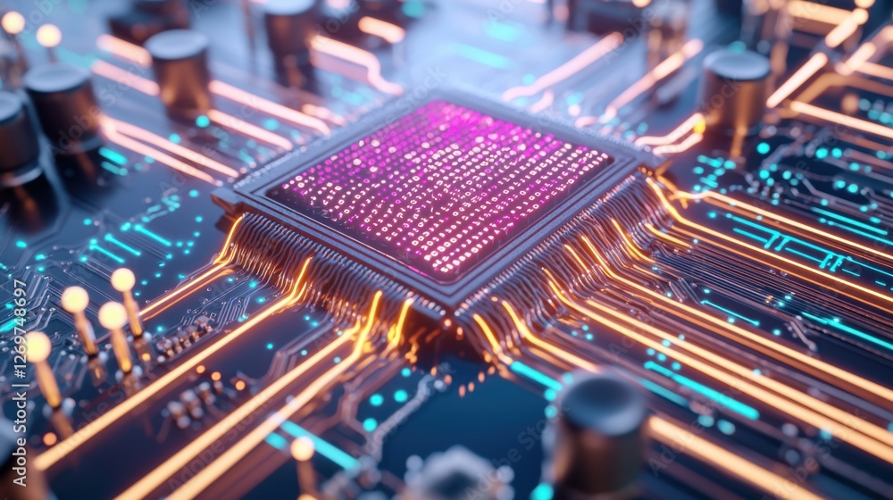 Obraz premium Extreme close up of a high tech data processing chip, carbon nanotube connectors glowing with animated binary code, streams of bright neon numbers flowing