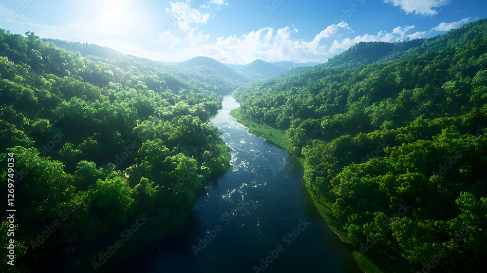 Aerial View of a Green Forest with River Under a Bright Cloudy Blue Sky in the Mountains on a Sunny Day Aerial View of a Green Forest with River Under a Bright Cloudy Blue Sky in the Mountains on a Sunny Day