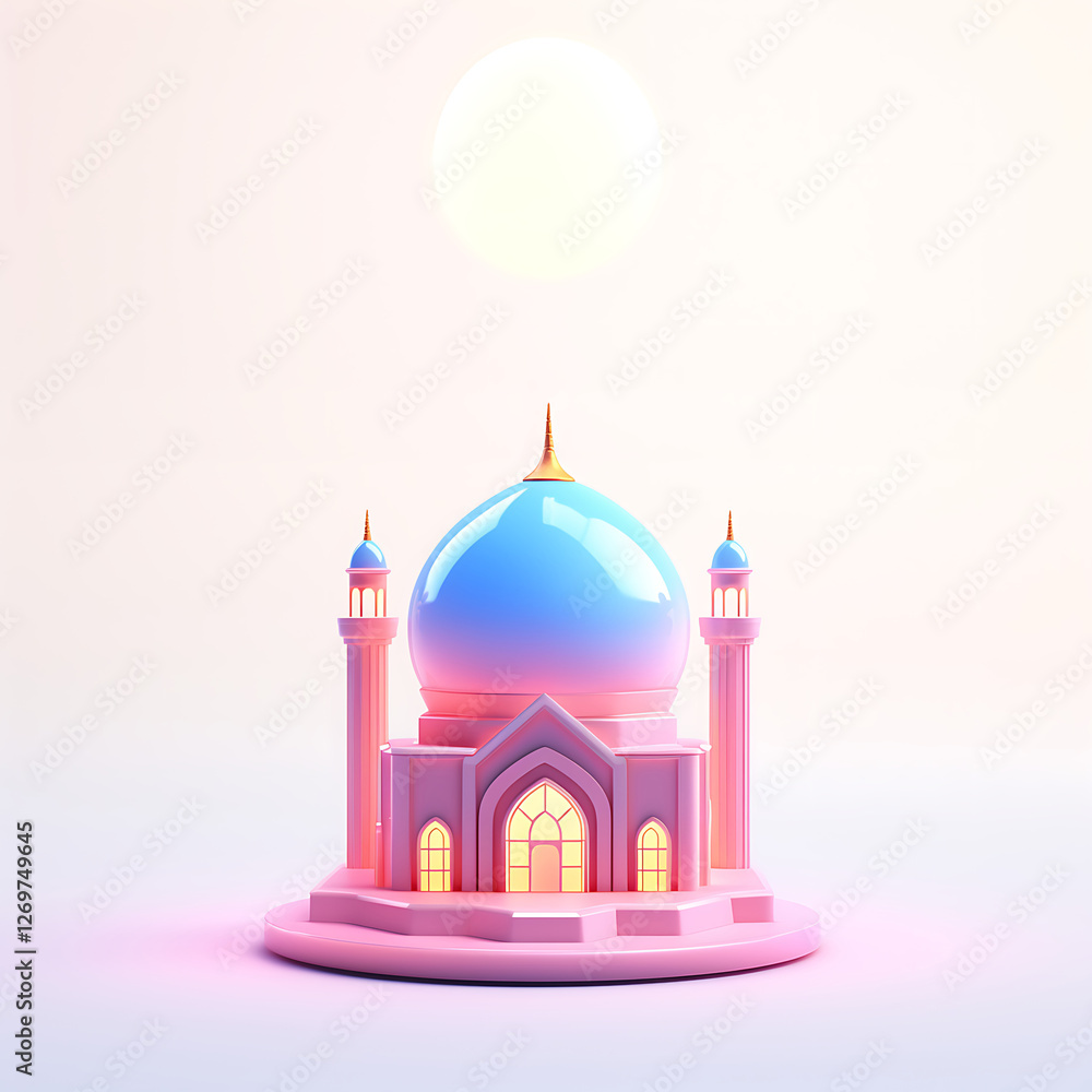 A dreamy pastel-colored mosque with glowing domes and minarets, radiating serenity. Ramadan, Eid Mubarak. Islamic web post. A dreamy pastel-colored mosque with glowing domes and minarets, radiating serenity. Ramadan, Eid Mubarak. Islamic web post.