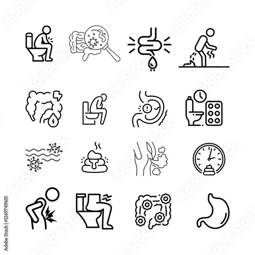Stomach disease symptoms flat line icons set. Abdominal pain, appendicitis, heartburn, cramps, diarrhea vector illustration