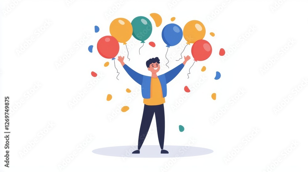 A joyful person celebrating with colorful balloons and confetti in a festive atmosphere. A joyful person celebrating with colorful balloons and confetti in a festive atmosphere.