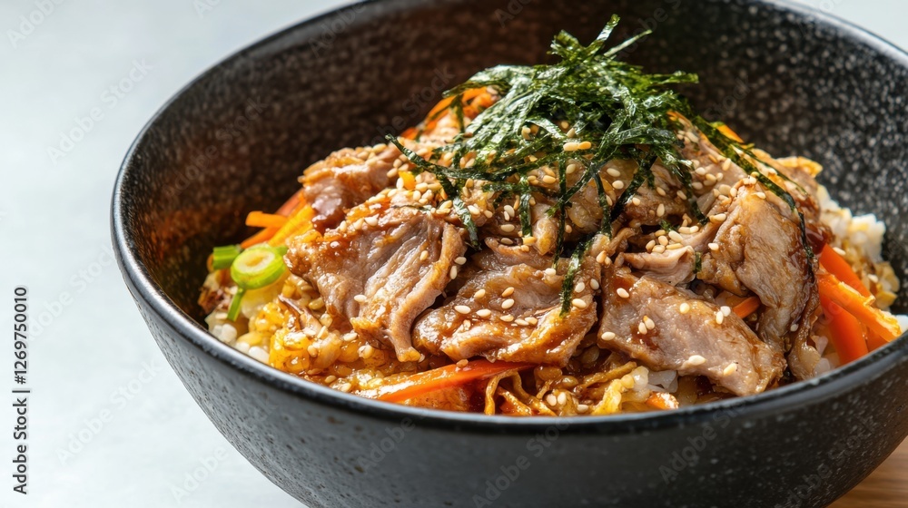 A fresh serving of Japanese donburi with pork and vegetables. A fresh serving of Japanese donburi with pork and vegetables.