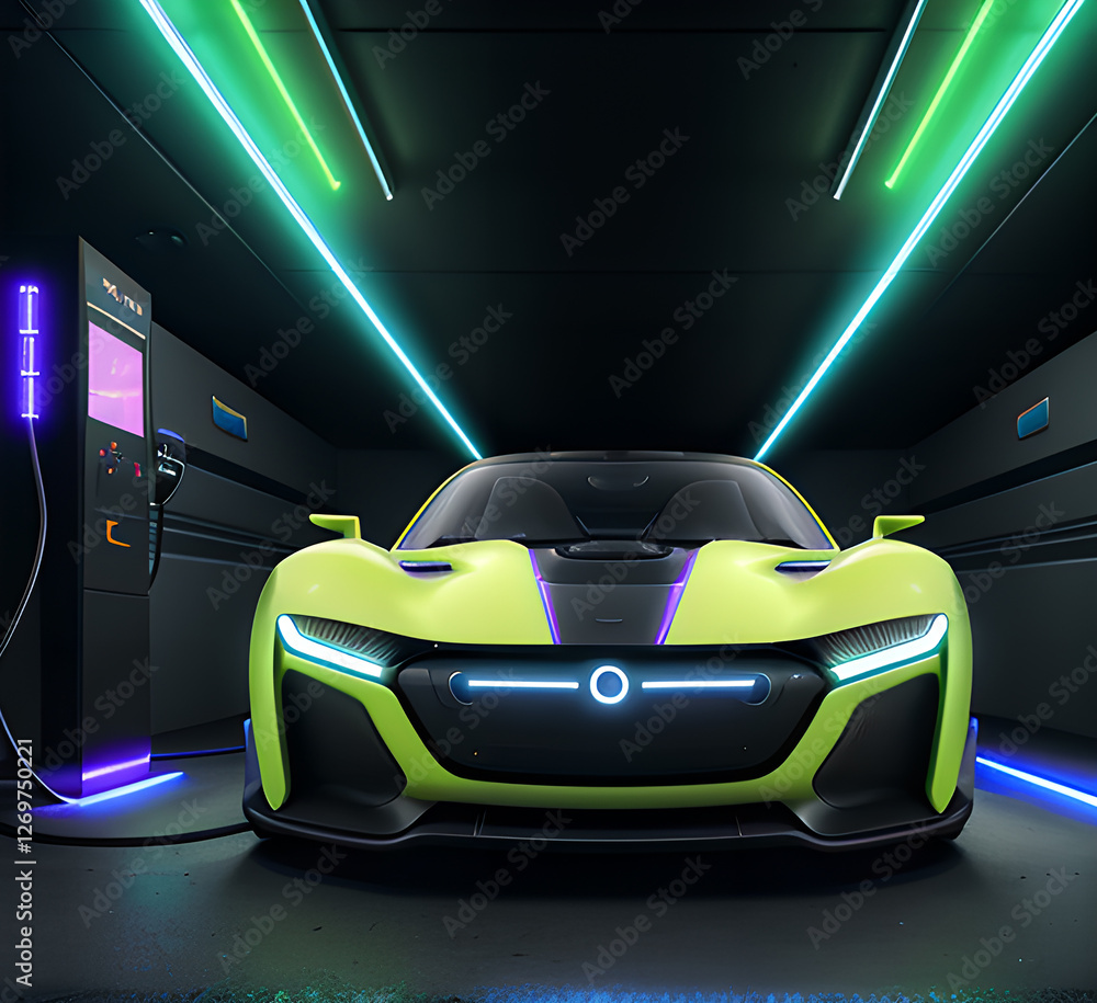 Naklejka premium Black sports car racing on open road at sunset non-existent car design,brand-less generic fully generic.generative ai