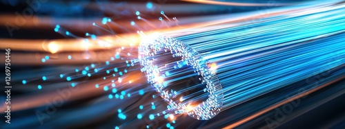 Ultra detailed macro shot of fiber optic cables carrying bright blue light pulses, glowing digital particles scattering in the air, individual glass strands photo