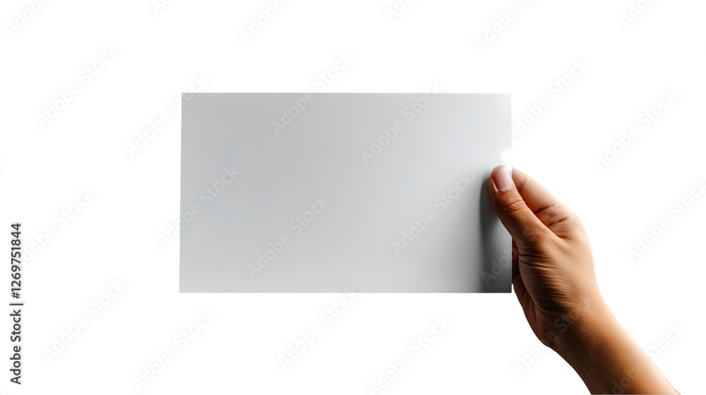 Fototapeta premium Hand Holding Paper Blank White Mockup, Minimalist Design for Advertisements, isolated on transparent background.