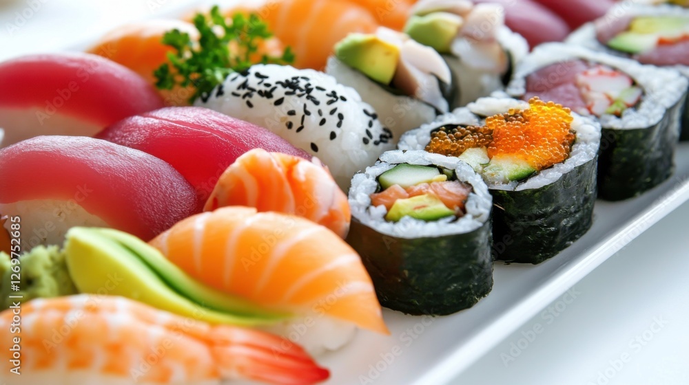 A plate of colorful sushi rolls with fresh ingredients. A plate of colorful sushi rolls with fresh ingredients.