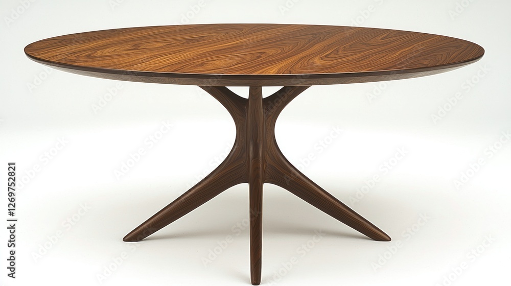 Oval walnut wood dining table, studio shot, white background, home decor Oval walnut wood dining table, studio shot, white background, home decor