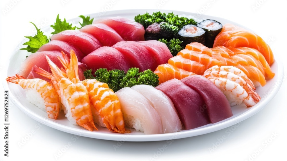 A plate of fresh sushi and sashimi with a delicate arrangement of tuna, salmon, and shrimp. A plate of fresh sushi and sashimi with a delicate arrangement of tuna, salmon, and shrimp.