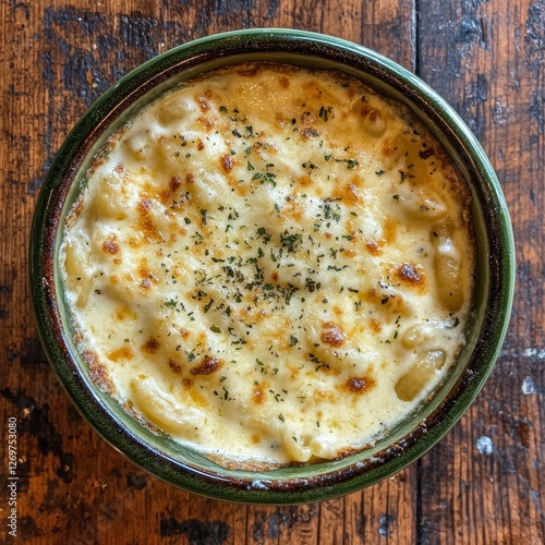 Homemade Creamy Baked Pasta With Golden Cheese Crust Served in a Green Dish on a Wooden Table
