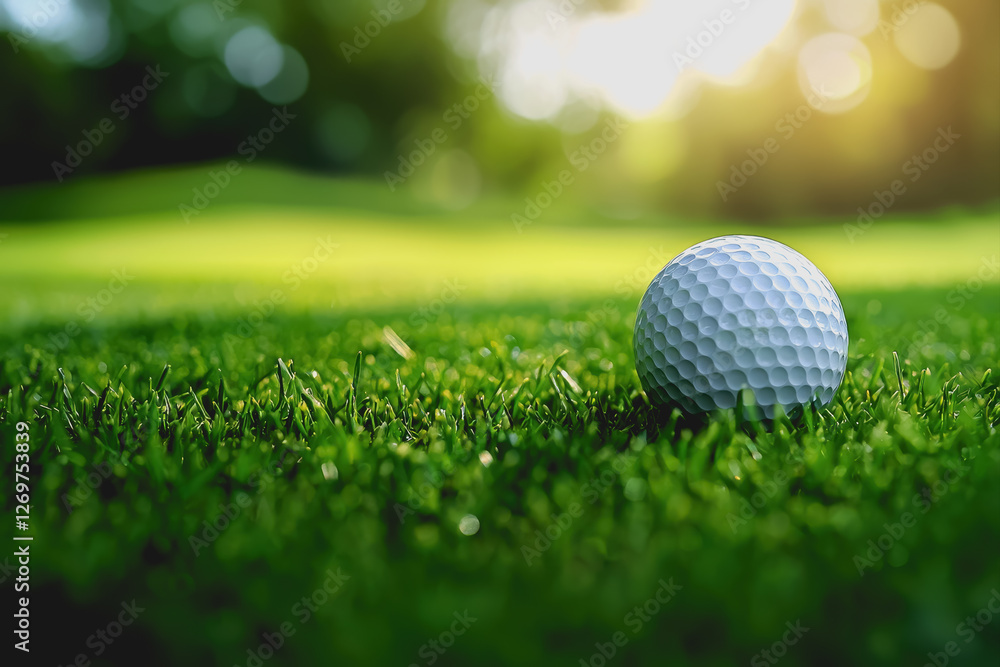Obraz premium Golf ball resting on lush green grass in a well-maintained golf course landscape