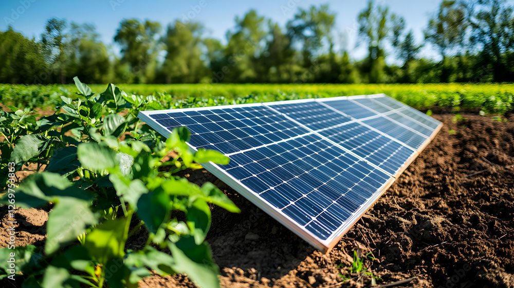 Blue Solar Panel Resting on Soil in Green Farm Field Under Bright Sunlight Renewable Energy Concept Blue Solar Panel Resting on Soil in Green Farm Field Under Bright Sunlight Renewable Energy Concept