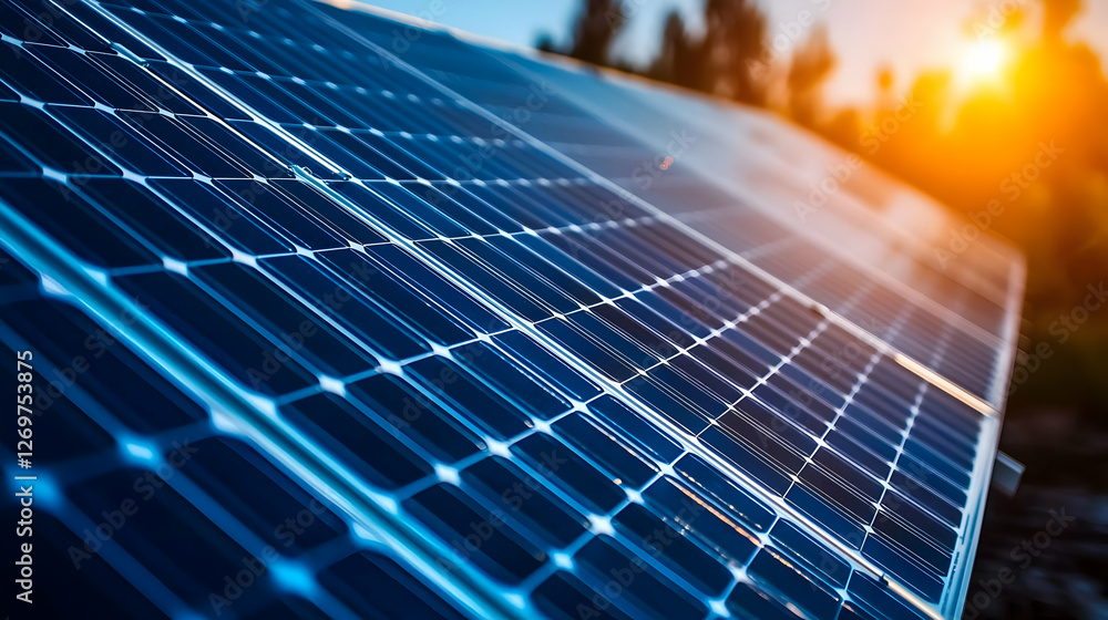 Blue Solar Panels Generating Renewable Energy Under Clear Sky During Golden Hour Blue Solar Panels Generating Renewable Energy Under Clear Sky During Golden Hour