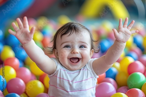 A happy baby playing in the ball pit at an indoor play center, laughing and waving their arms around.