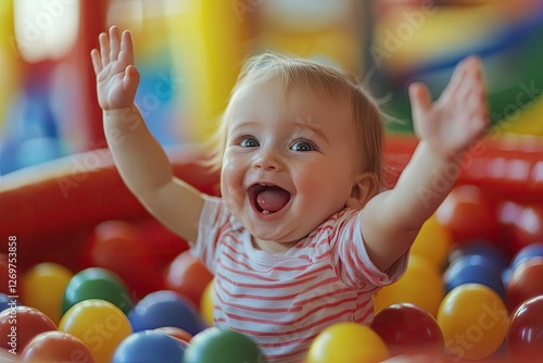 A happy baby playing in the ball pit at an indoor play center, laughing and waving their arms around.