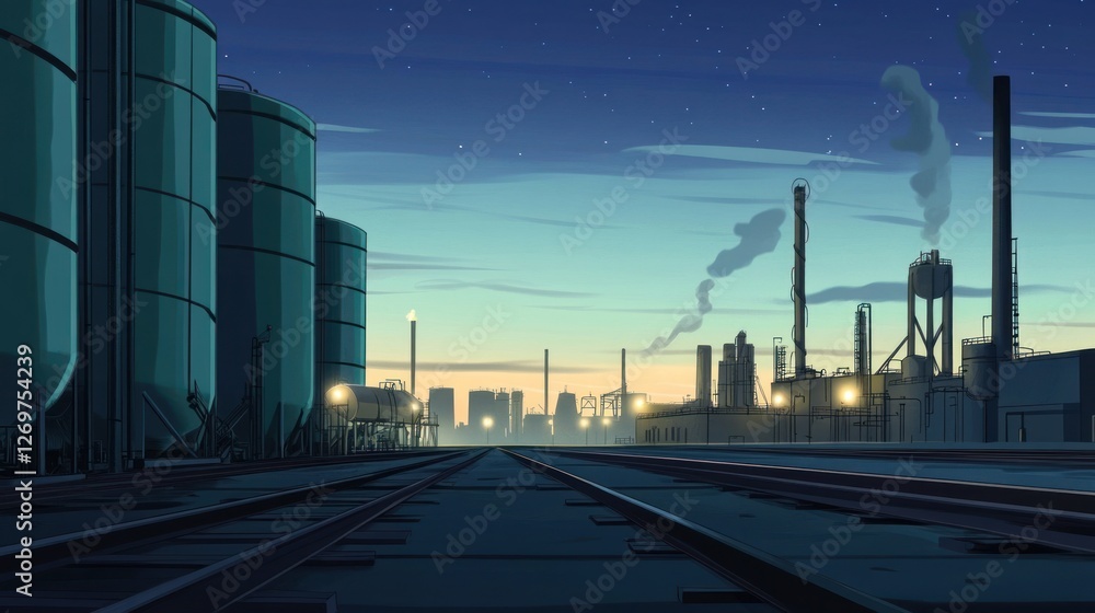 Fototapeta premium Industrial Plant at Twilight with Railroad Tracks