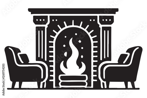Cozy Fireplace with Armchairs Silhouette Illustration for Home Interior