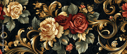 Papier peint fond d'écran floral baroque luxueux avec ornements dorés et fleurs raffinées