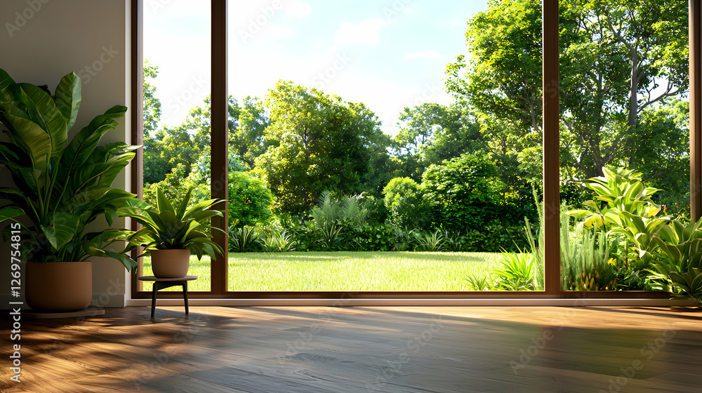 Bright Interior with Plants by Large Window Overlooking Lush Green Garden on Sunny Day Bright Interior with Plants by Large Window Overlooking Lush Green Garden on Sunny Day