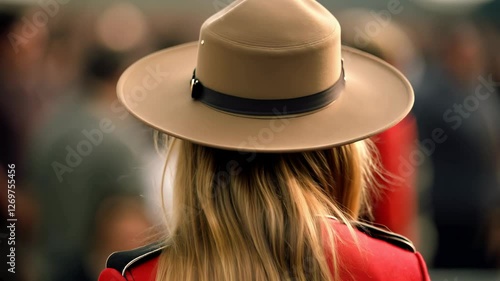 Beautiful smiling young female Canadian mounty looking at the camera	
