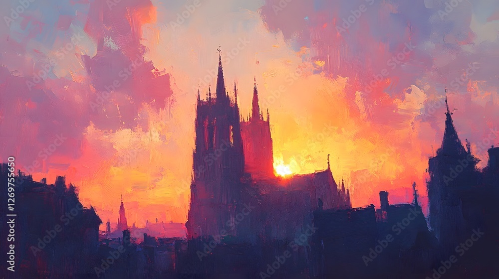 Naklejka premium Glorious Sunrise Over Towering Medieval Cathedral, Radiant Oil Painting with Bold Brushstrokes